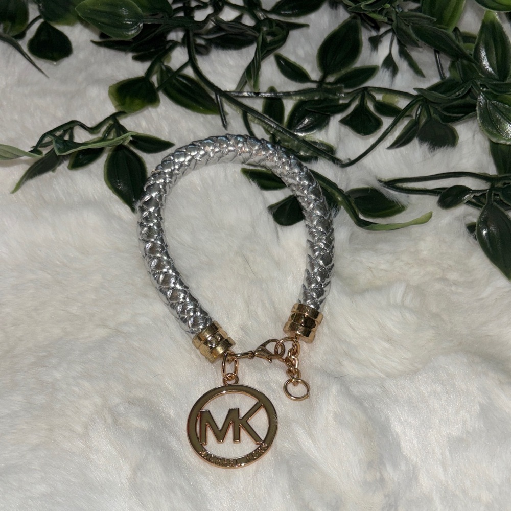 Michael Kors Silver Leather Gold Charm Adjustable Bracelet- NEW